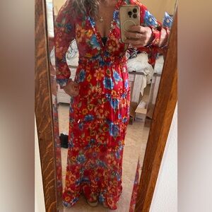 Chelsea & Violet Red Floral Ruffled Maxi Dress XS NWT